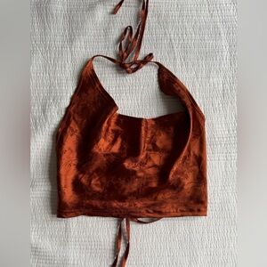 Satin Floral Printed Halter Crop And Backless Top - Rust Orange, Size Small